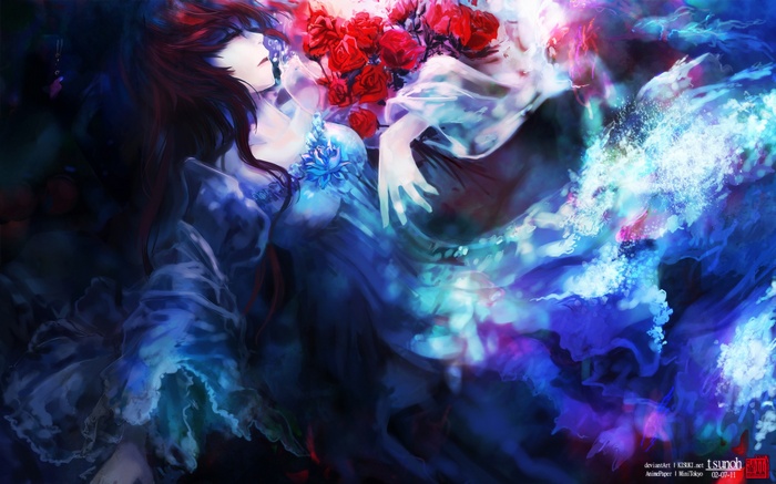 Woman in a blue dress with red roses