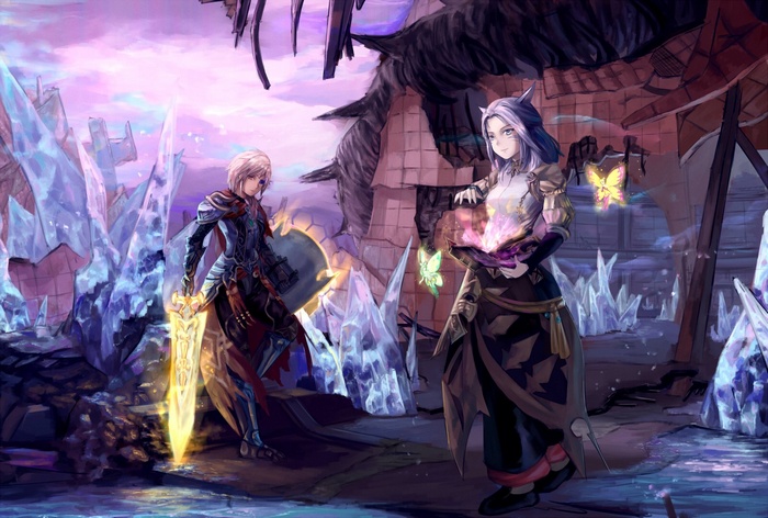 Two characters with magic and sword in an icy landscape