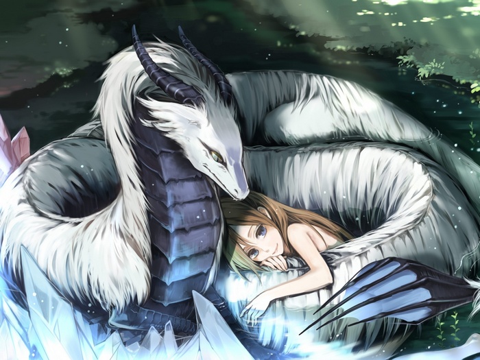 Anime girl resting with a white dragon