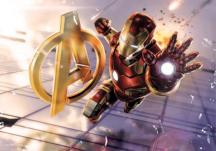 Iron Man and Avengers logo in front of a cityscape