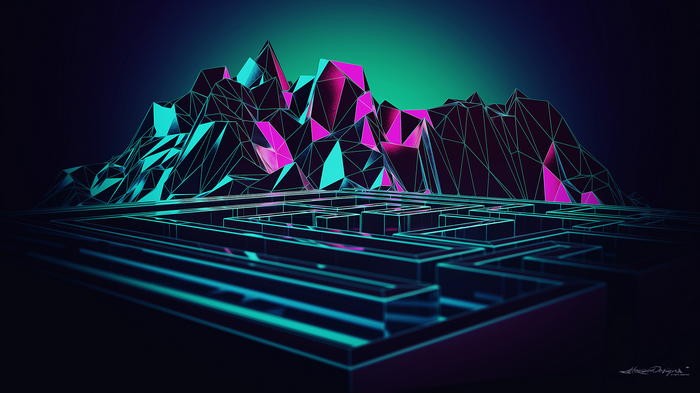 Low poly maze and mountains with neon lighting
