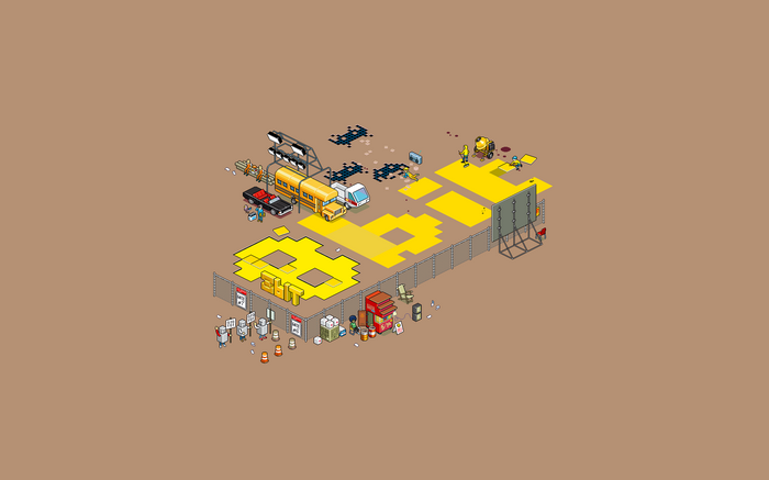 Pixel art construction site with protestors and vehicles