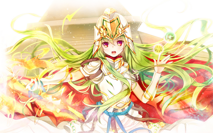 Anime girl with green hair and armor from Puzzle and Dragons