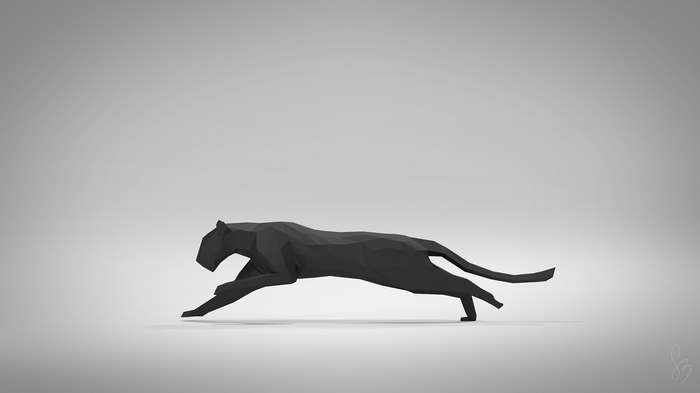 Low poly black panther running on a gray background