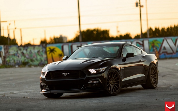 Black Ford Mustang parked near graffiti wall