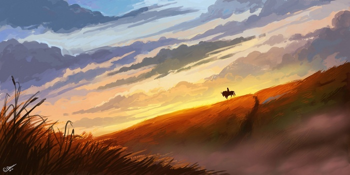 Digital art of a person on horseback at sunset