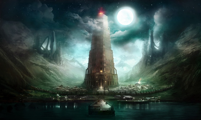 Fantasy art of a towering ancient structure at night
