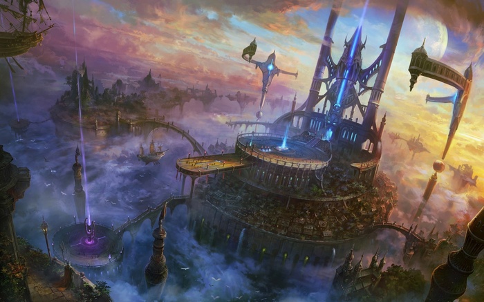 Fantasy art of a floating city with towers and ships