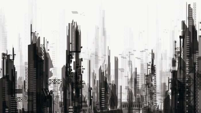 Monochrome futuristic cityscape digital art