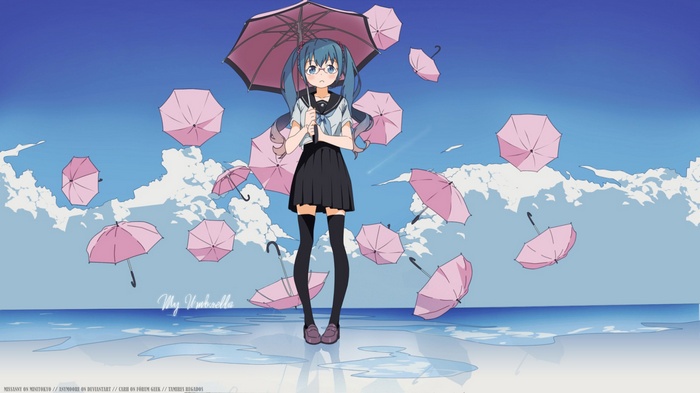 Hatsune Miku with pink umbrellas in the sky