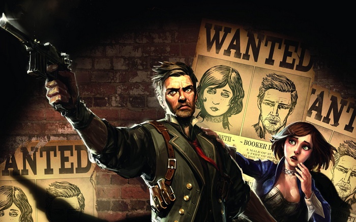 Booker DeWitt and Elizabeth with Wanted Posters