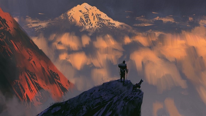 Artwork of a hiker and dog on a mountain peak