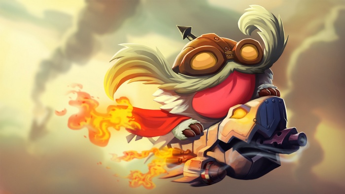 League of Legends Corki riding a mechanical vehicle