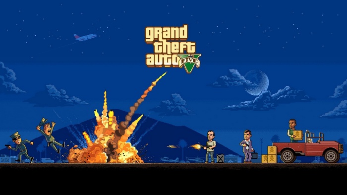 Grand Theft Auto V pixel art with explosion and characters