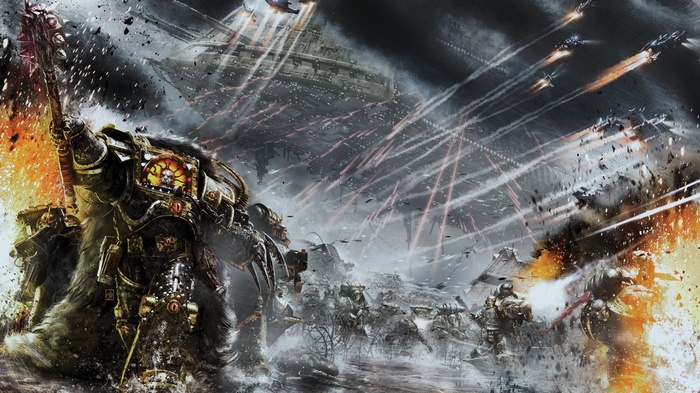 Warhammer 40,000 Battle Scene with Space Marines
