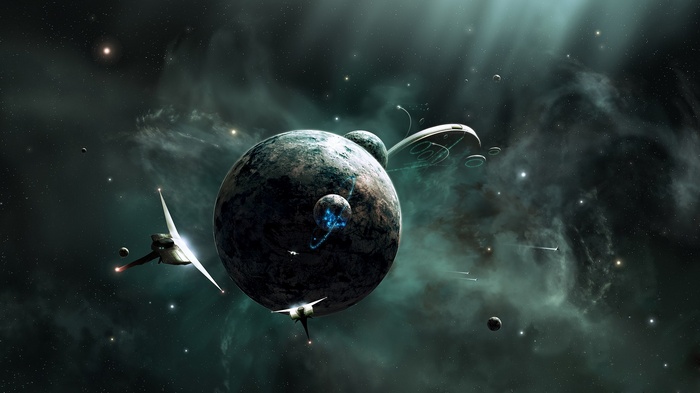 Spaceships near planets in a nebula