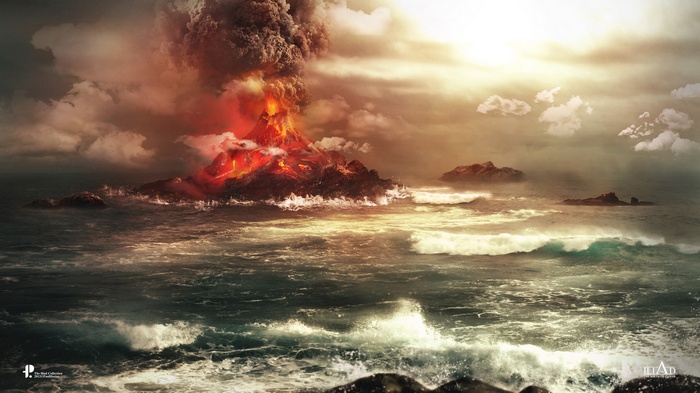 Volcano erupting lava into the ocean with islands