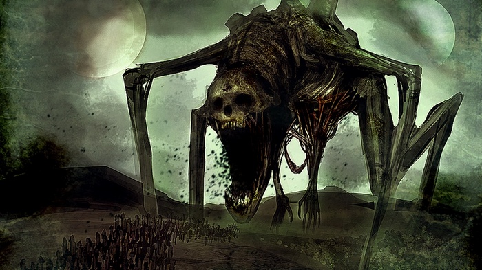A monstrous creature with a skull-like head looms over a horde of figures.