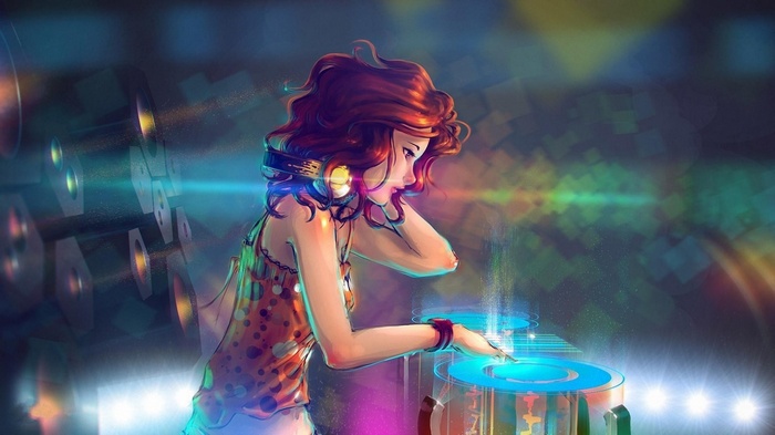 Anime DJ girl with headphones and turntables