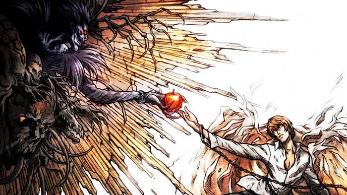 Ryuk offers an apple to Light Yagami in Death Note parody