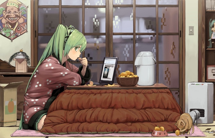 Hatsune Miku eating snacks at a kotatsu with a cat