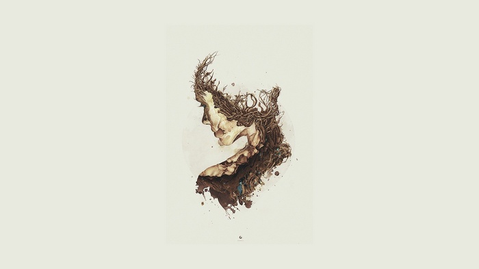 Surreal artwork of a profile portrait made of roots