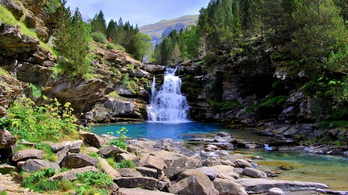 Waterfall cascading into a turquoise pool in a rocky forest