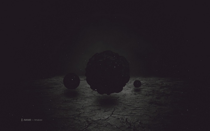 Three dark spheres on a cracked surface under a starry sky