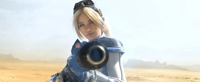 Nova from Starcraft aiming a weapon in a desert