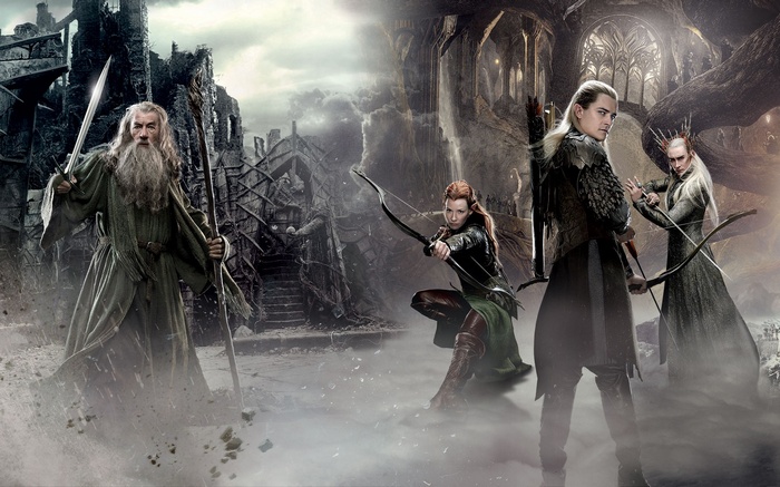Gandalf, Legolas, Tauriel, and Thranduil in The Hobbit