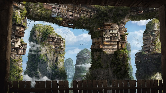 Fantasy cliffside villages with houses and apartments