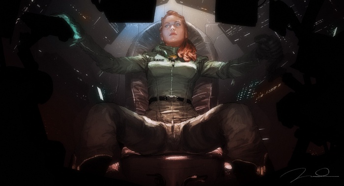Woman in futuristic pilot seat with arms outstretched