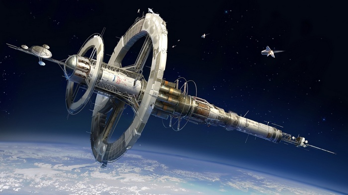 Futuristic USSR space station orbiting Earth