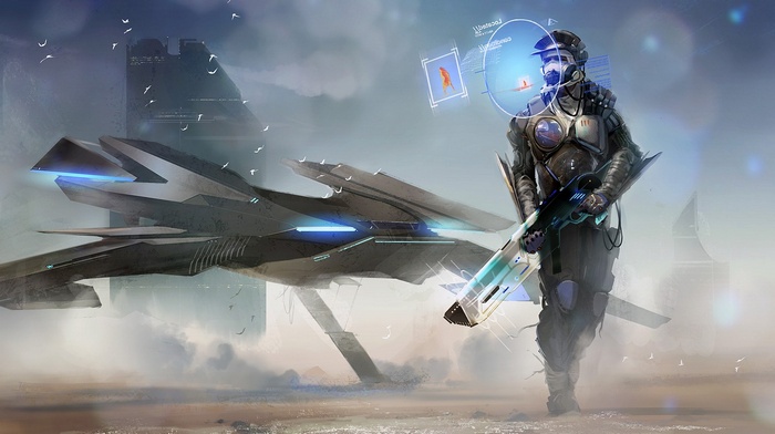 Futuristic soldier with a spaceship and futuristic city