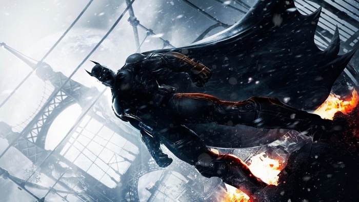 Batman flying with fire from his boots