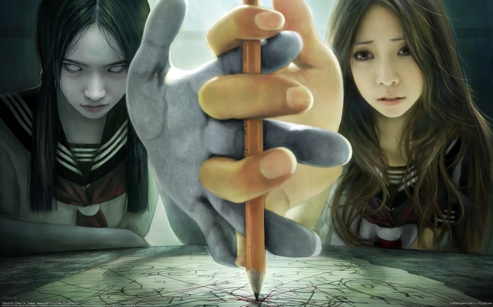 Two girls and a ghostly hand holding a pencil