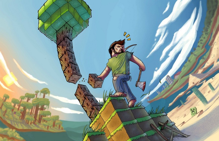 Minecraft character chopping down a tree