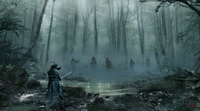 Samurai warriors in a foggy forest