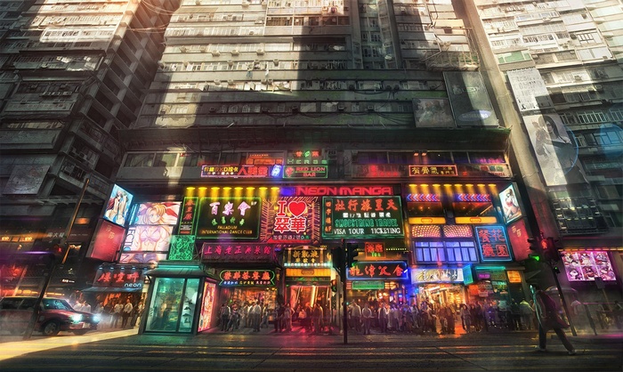Neon Manga and apartments in a cyberpunk city
