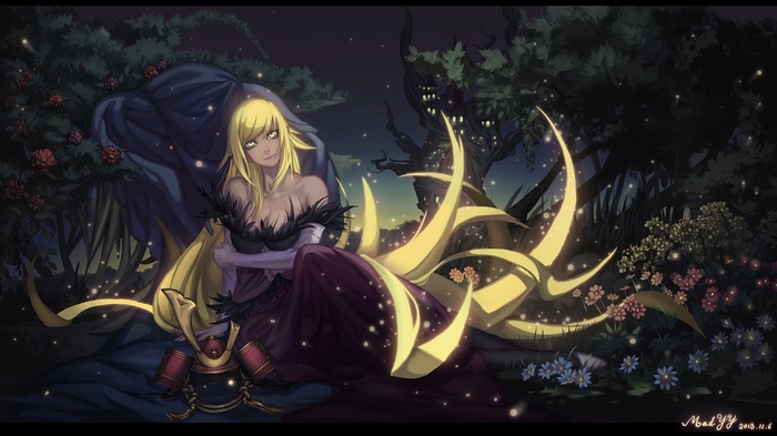 Oshino Shinobu in a dark forest with glowing tails