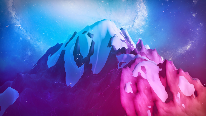 Digital art of a snow-covered mountain range under a galaxy