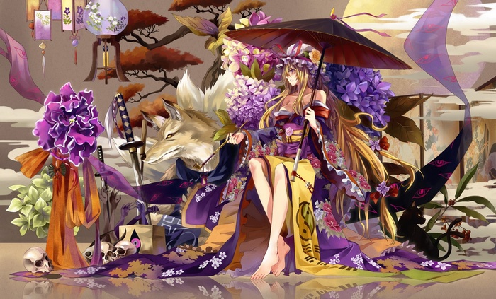 Yakumo Yukari with a Fox and a Cat