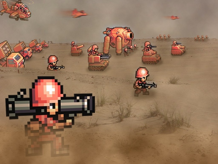 Advance Wars pixel art desert battle with tanks and soldiers
