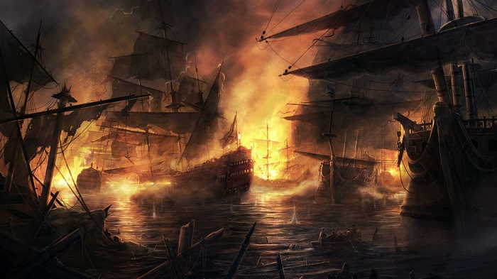 Empire: Total War sailing ships in battle with fire and smoke