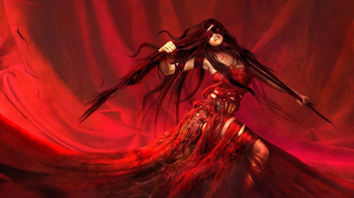Artwork of a woman with long dark hair in a red dress