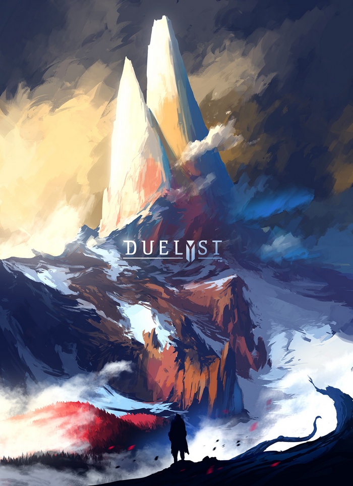 Duelyst game art with mountains and a figure
