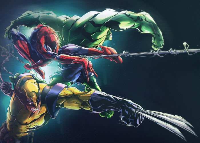 Spider-Man, Wolverine, and Hulk in action