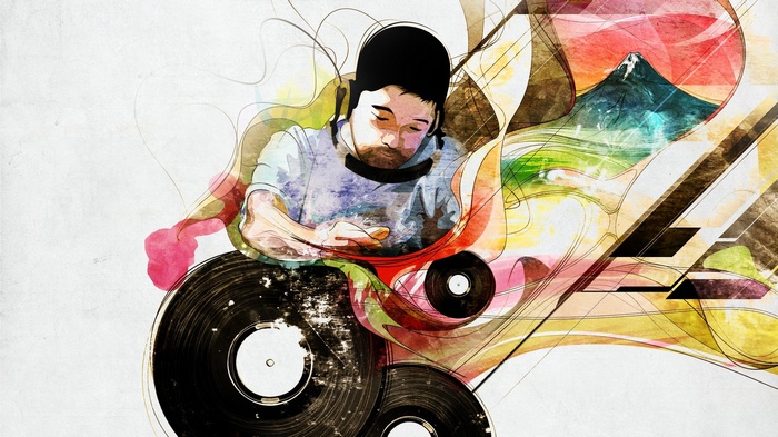 Nujabes DJing with Vinyl Records and Abstract Art
