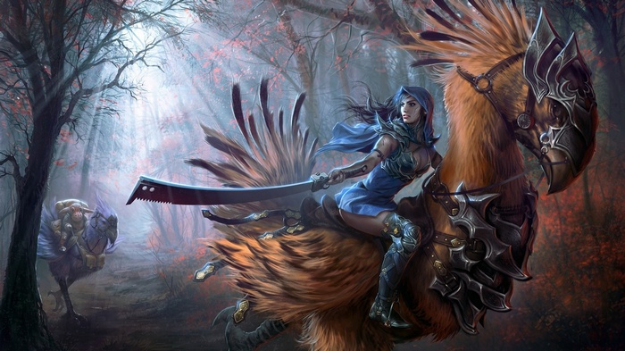 Woman riding a Chocobo in a forest