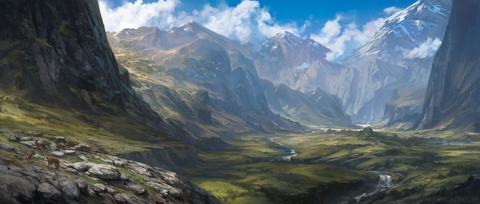 Painting of a mountain valley with deer and a river